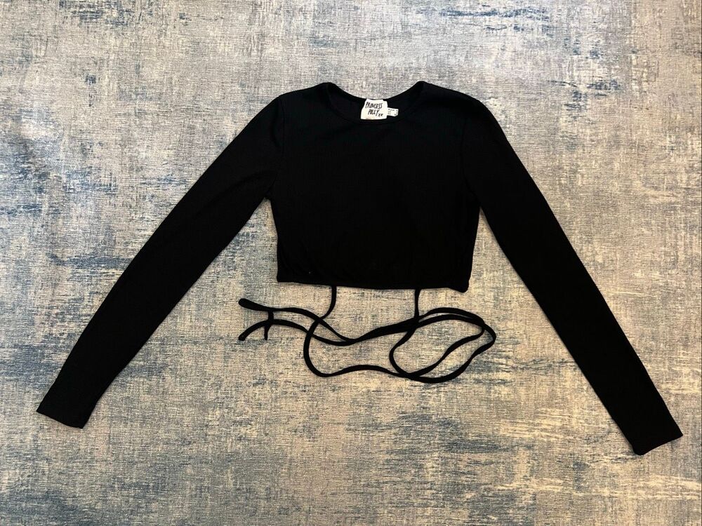 Princess Polly Black Ribbed Knit Long Sleeve Cropped Open Back Tie Waist Top US2